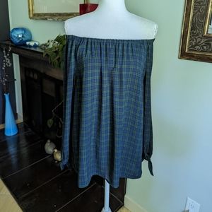 Talbots Women's Medium Green Blue Plaid Off-the-shoulder Blouse Top Tie Cuffs